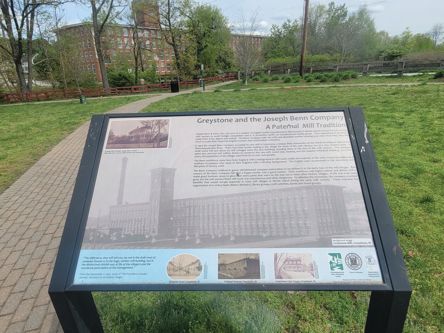 SECLUDED HISTORY: Historic signs in Cricket Field, at 15 Riverside Ave. in Johnston, depict various stages of the Graniteville neighborhood’s history, from barrel racing to the industry that once thrived along the Woonasquatucket River.